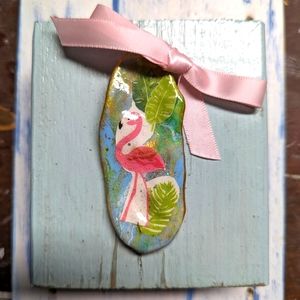 Farmhouse shabby chic coastal decoupage flamingo handcrafted
